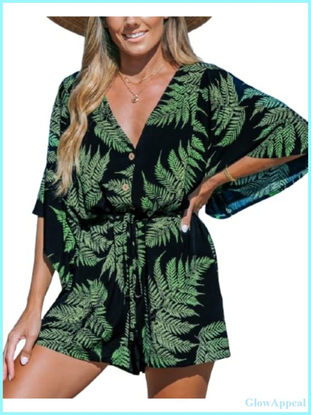CUPSHE Women's Tropical Print Romper V-Neck Tie Waist Short Sleeve